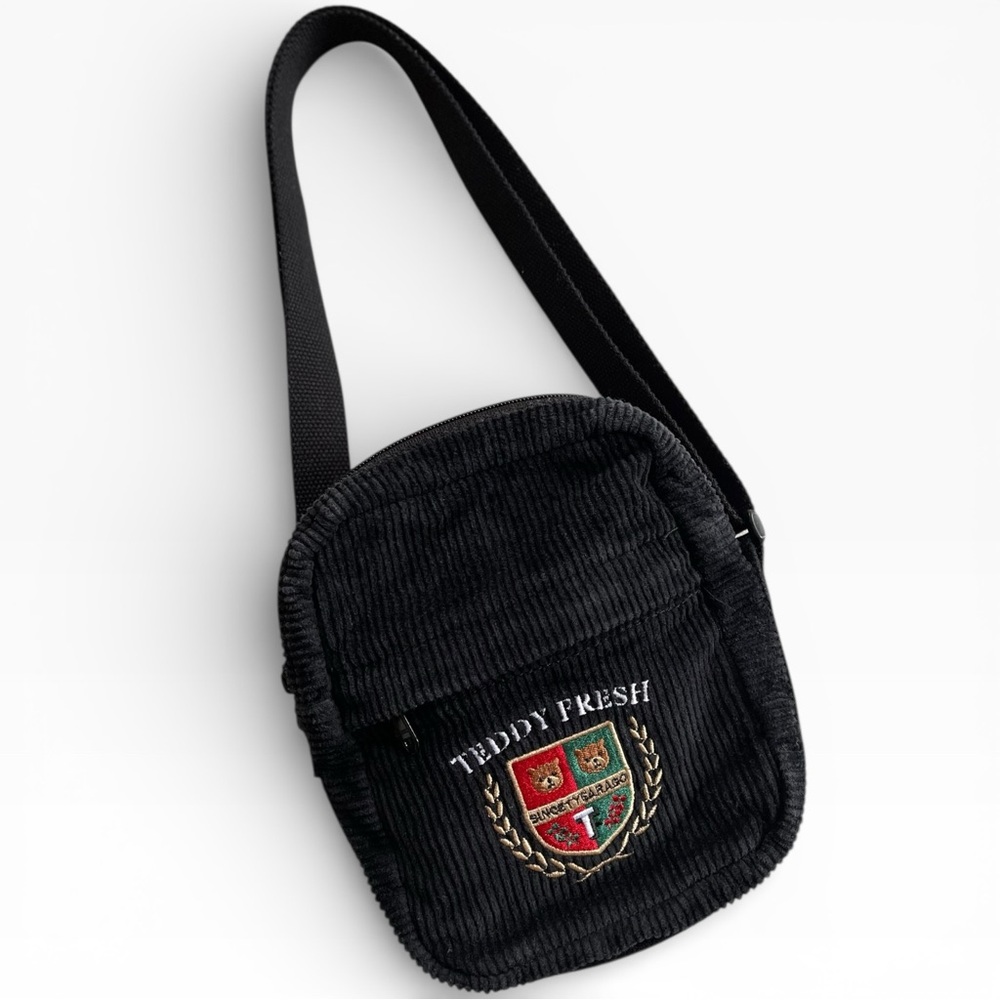 Teddy Fresh Black Corduroy Embroidered Bears and Shield Small Handbag Purse